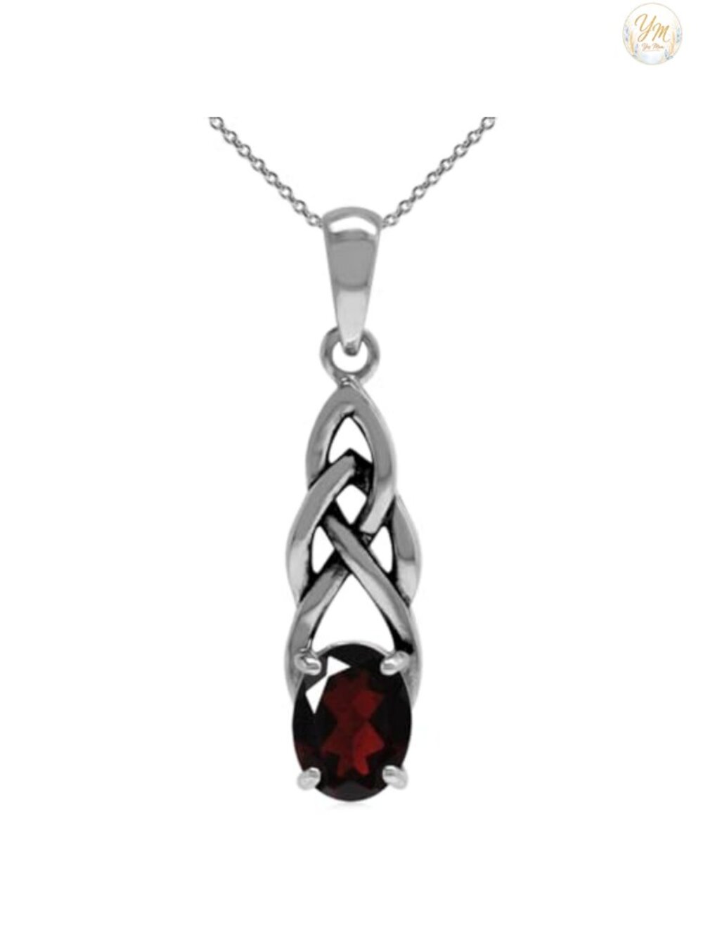 Sterling Silver Garnet Oval Pendant Necklace Celtic Knot 18 Inch Antique Finish